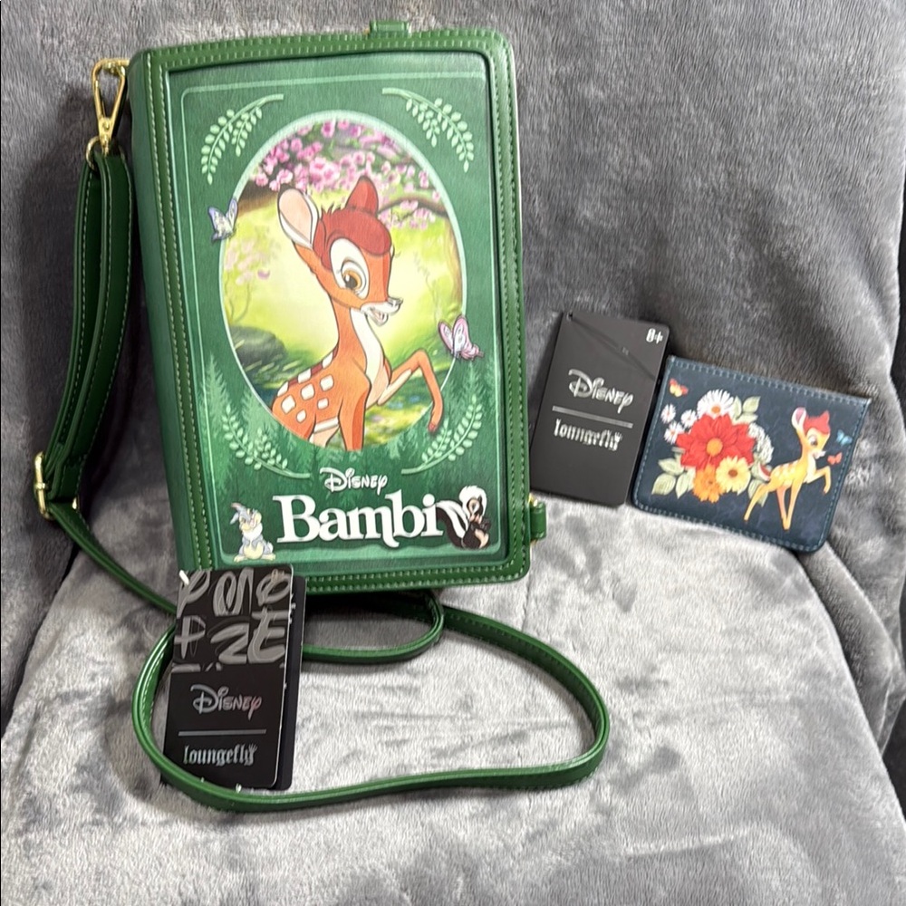 NWT Disney loungefly Bambi story book bag with NWT card holder